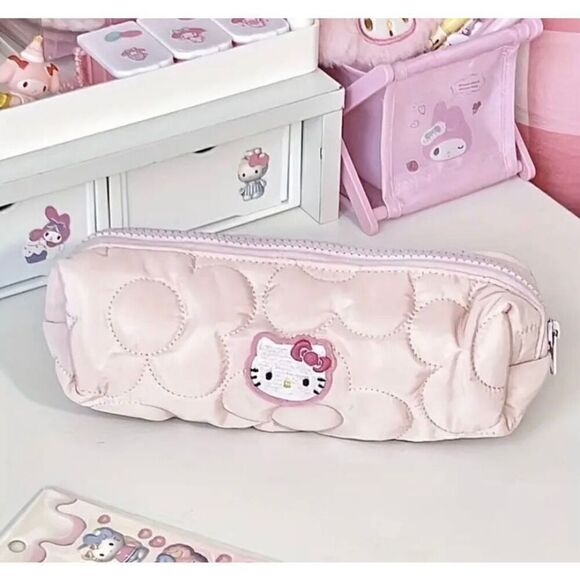 NWT Hello Kitty Pink Embroidered Versatile Pencil Cosmetic Pouch Bag - Picture 4 of 7